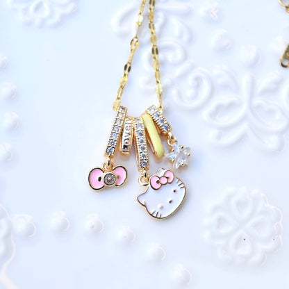 Pink Kitty Cat Charm Golden Necklace - Oil Dripping Sweet Style