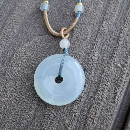 Blue Agate Peace Buckle Donut Necklace - 平安扣