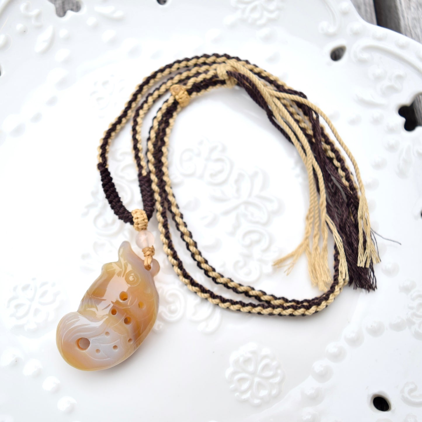 Agate Fish Pendant Necklace - Chinese Rope Necklace