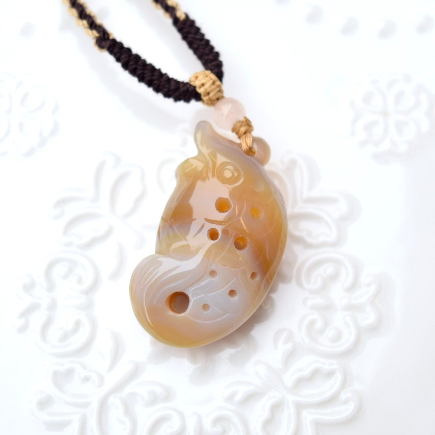 Agate Fish Pendant Necklace - Chinese Rope Necklace