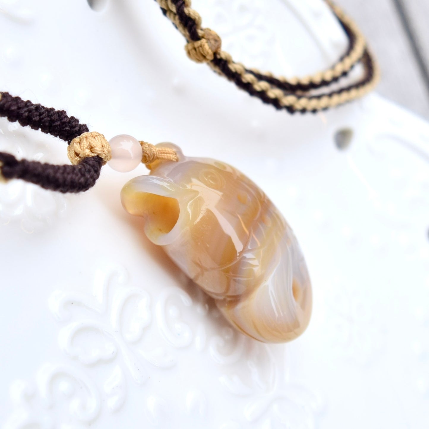 Agate Fish Pendant Necklace - Chinese Rope Necklace