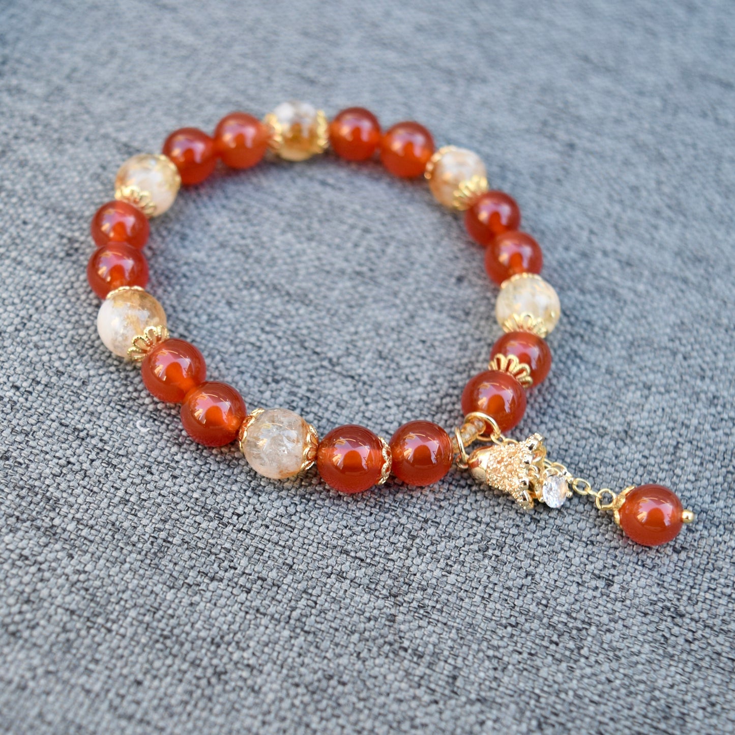 Red Agate Citrine Beaded Bracelet - Bell Charm