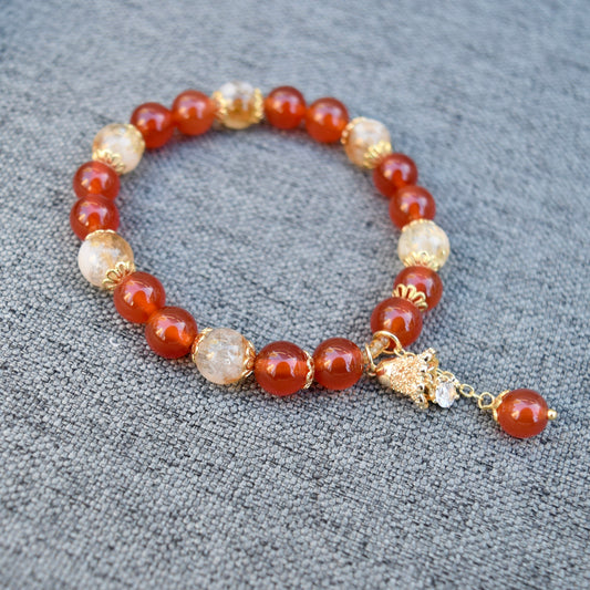 Red Agate Citrine Beaded Bracelet - Bell Charm
