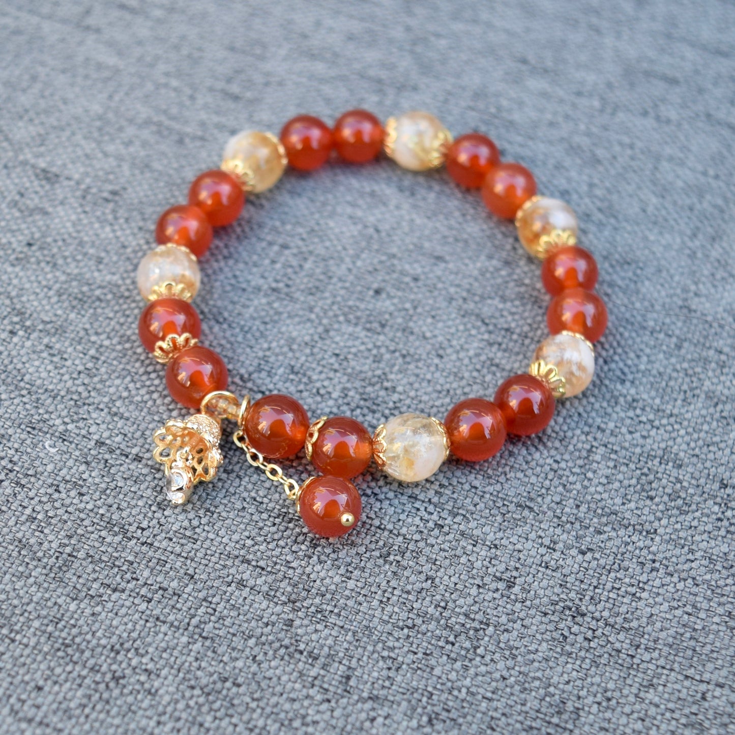Red Agate Citrine Beaded Bracelet - Bell Charm