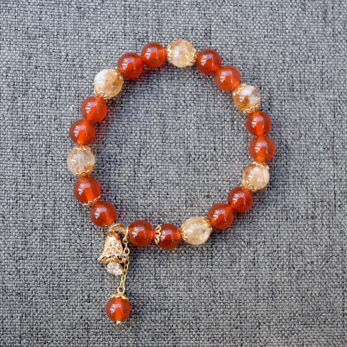 Red Agate Citrine Beaded Bracelet - Bell Charm