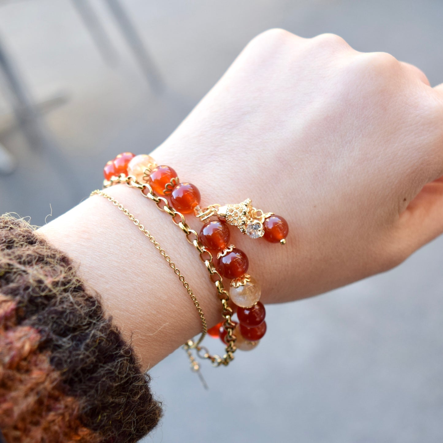Red Agate Citrine Beaded Bracelet - Bell Charm