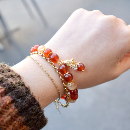 Red Agate Citrine Beaded Bracelet - Bell Charm