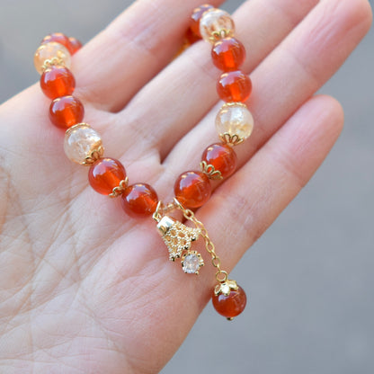 Red Agate Citrine Beaded Bracelet - Bell Charm