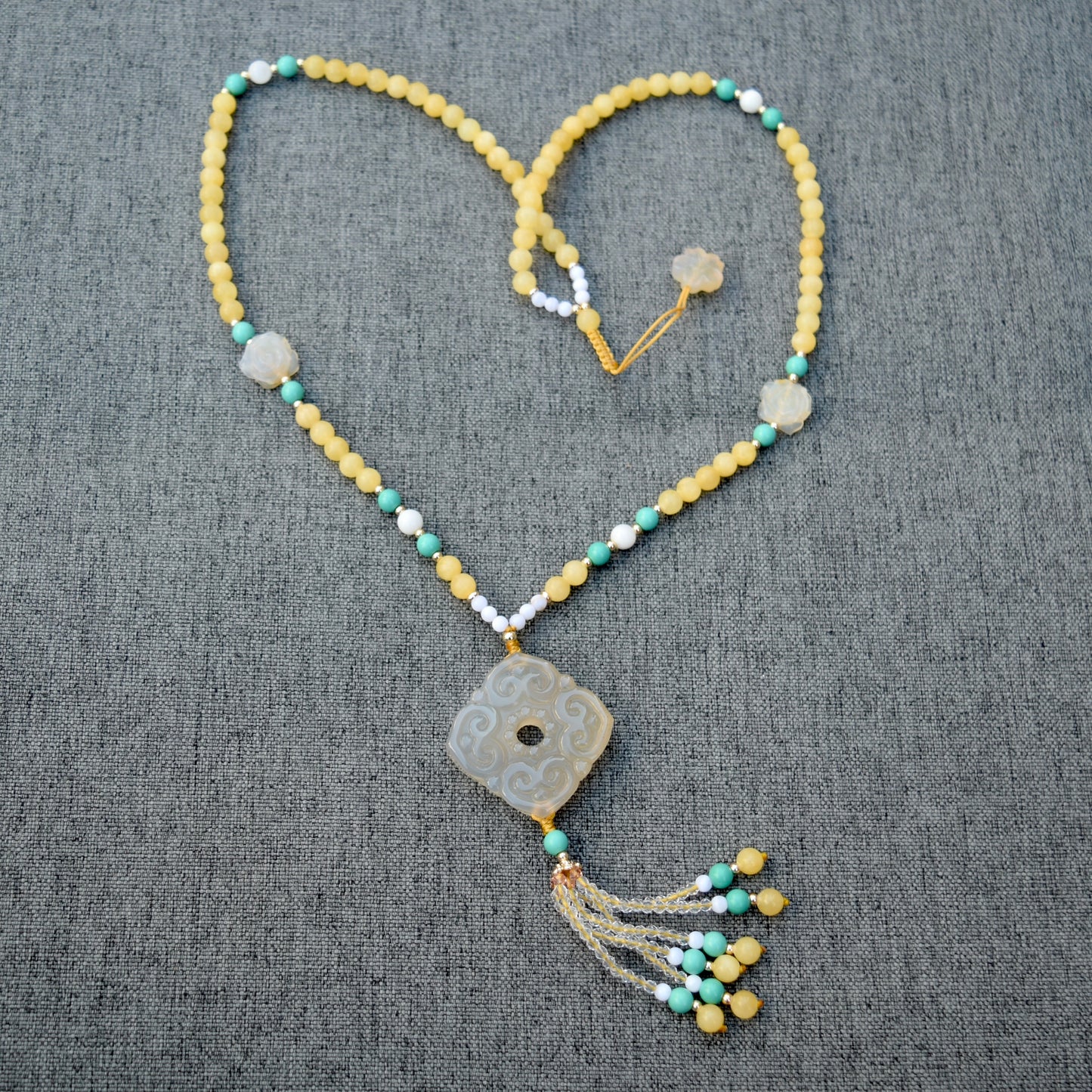 Agate Ruyi Flower Charm Yellow Jade Necklace