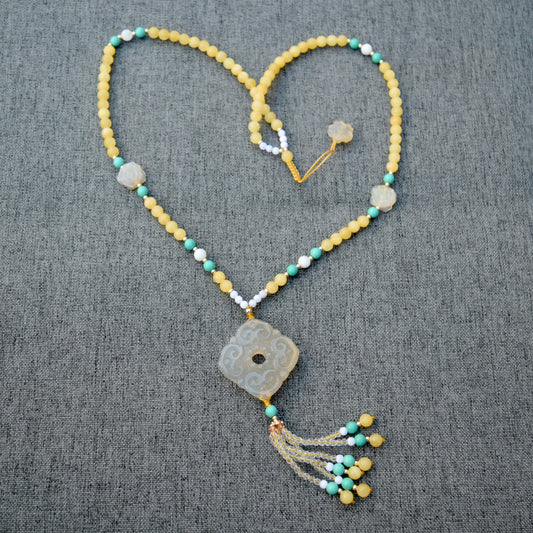 Agate Ruyi Flower Charm Yellow Jade Necklace