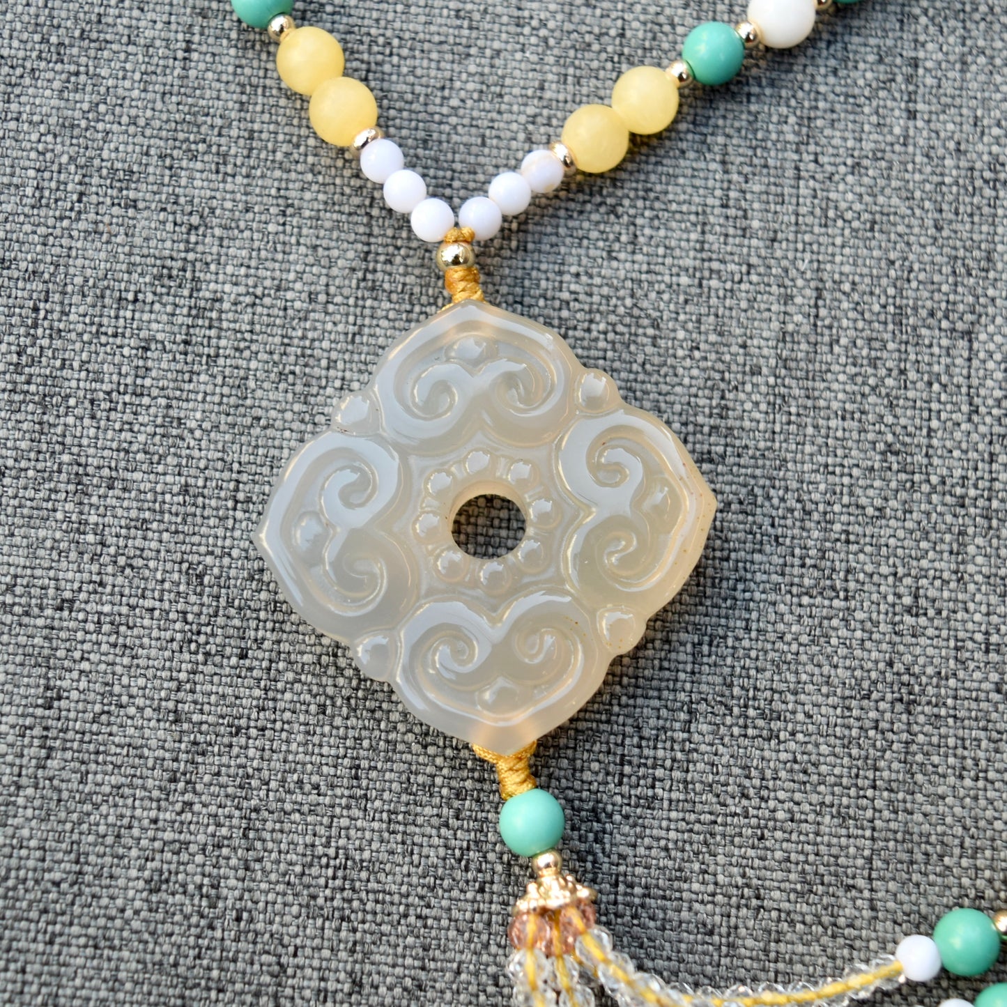Agate Ruyi Flower Charm Yellow Jade Necklace