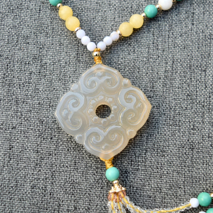 Agate Ruyi Flower Charm Yellow Jade Necklace