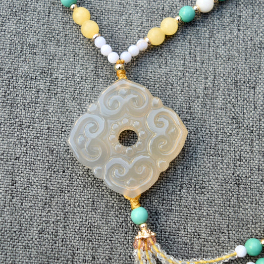 Agate Ruyi Flower Charm Yellow Jade Necklace
