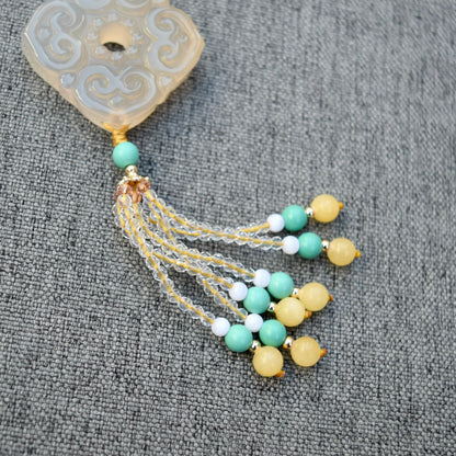 Agate Ruyi Flower Charm Yellow Jade Necklace