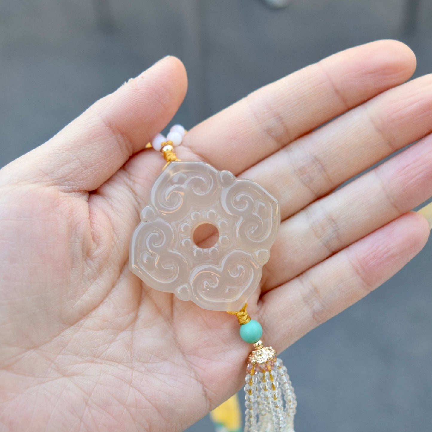 Agate Ruyi Flower Charm Yellow Jade Necklace