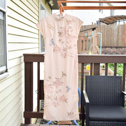 Beige Pink Bird Flowers Qipao Dress - Chinese Traditional Cheongsam