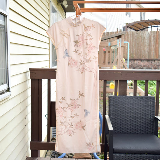 Beige Pink Bird Flowers Qipao Dress - Chinese Traditional Cheongsam