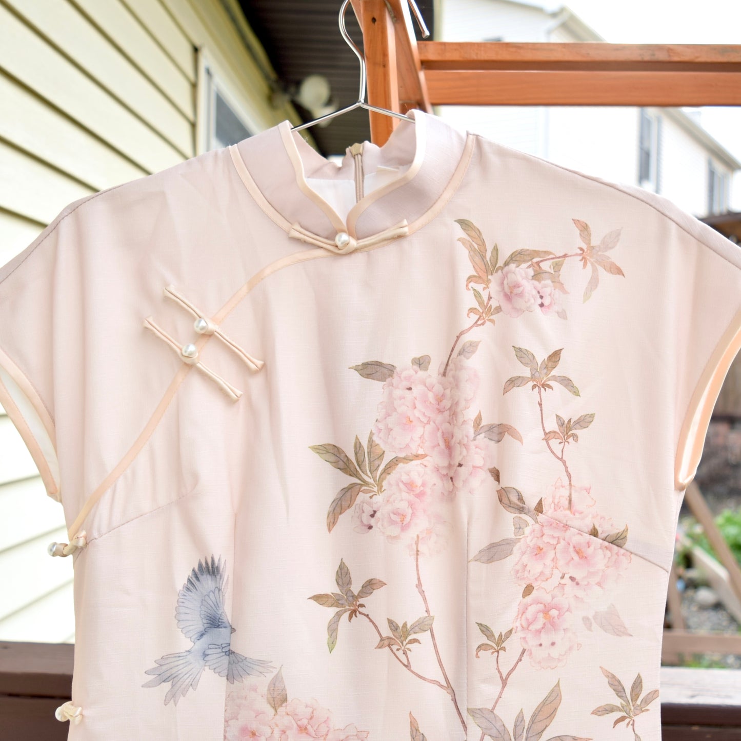 Beige Pink Bird Flowers Qipao Dress - Chinese Traditional Cheongsam