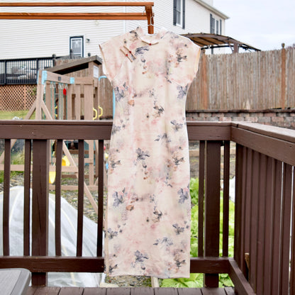 Beige Pink Flora Printed Qipao Long Dress - Chinese Traditional Cheongsam