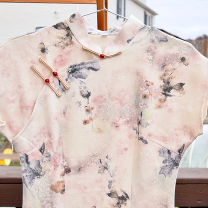 Beige Pink Flora Printed Qipao Long Dress - Chinese Traditional Cheongsam