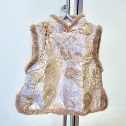 Beige Rose Printed Vest Faux Fur Trim - Chinese Qipao Winter Top