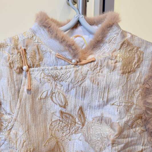 Beige Rose Printed Vest Faux Fur Trim - Chinese Qipao Winter Top