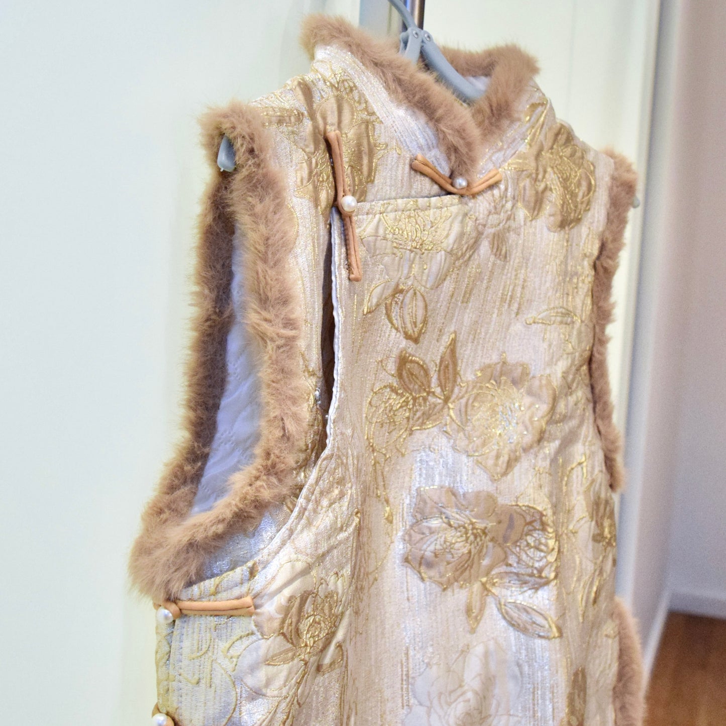 Beige Rose Printed Vest Faux Fur Trim - Chinese Qipao Winter Top