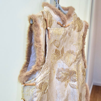 Beige Rose Printed Vest Faux Fur Trim - Chinese Qipao Winter Top