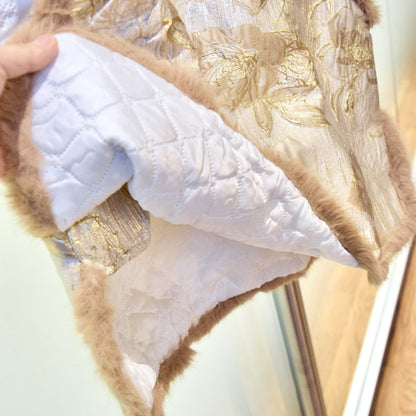 Beige Rose Printed Vest Faux Fur Trim - Chinese Qipao Winter Top