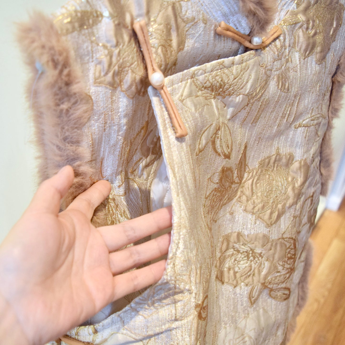 Beige Rose Printed Vest Faux Fur Trim - Chinese Qipao Winter Top