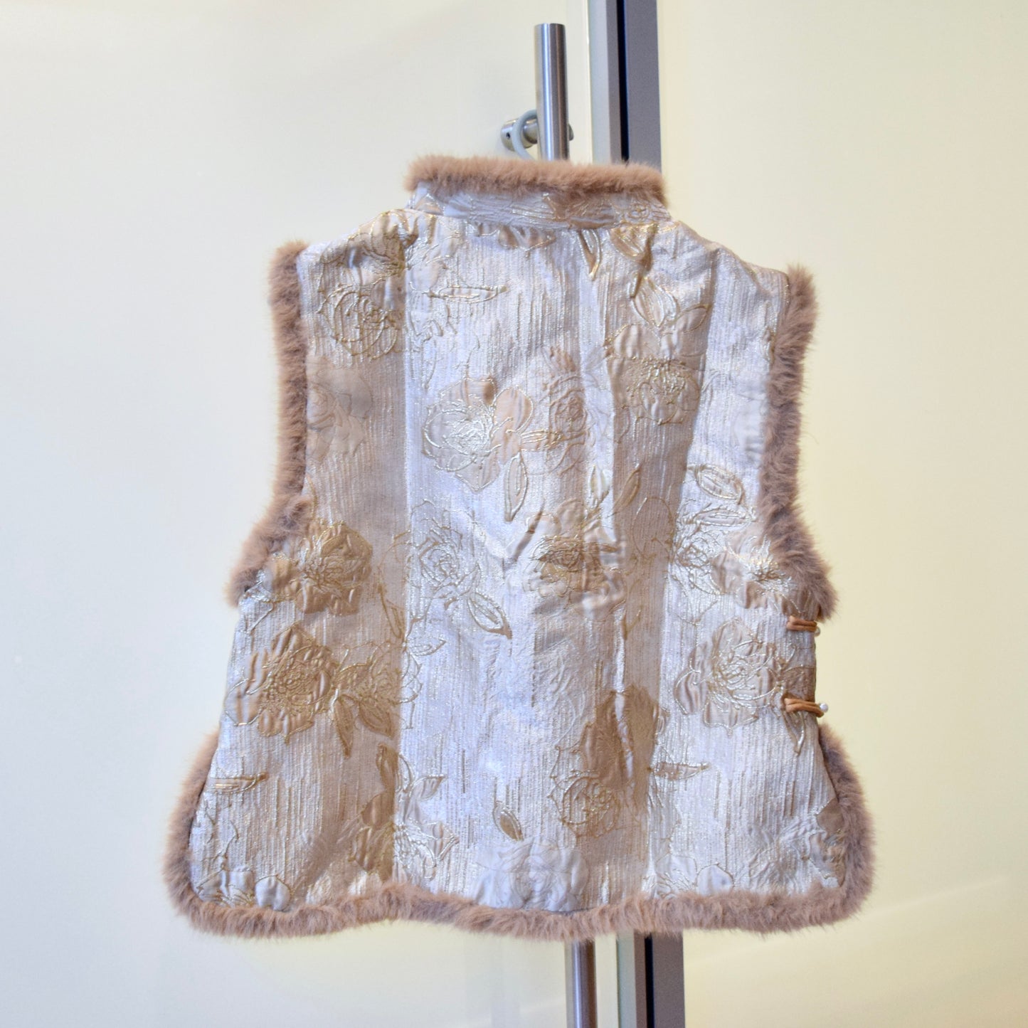 Beige Rose Printed Vest Faux Fur Trim - Chinese Qipao Winter Top