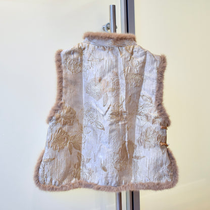 Beige Rose Printed Vest Faux Fur Trim - Chinese Qipao Winter Top
