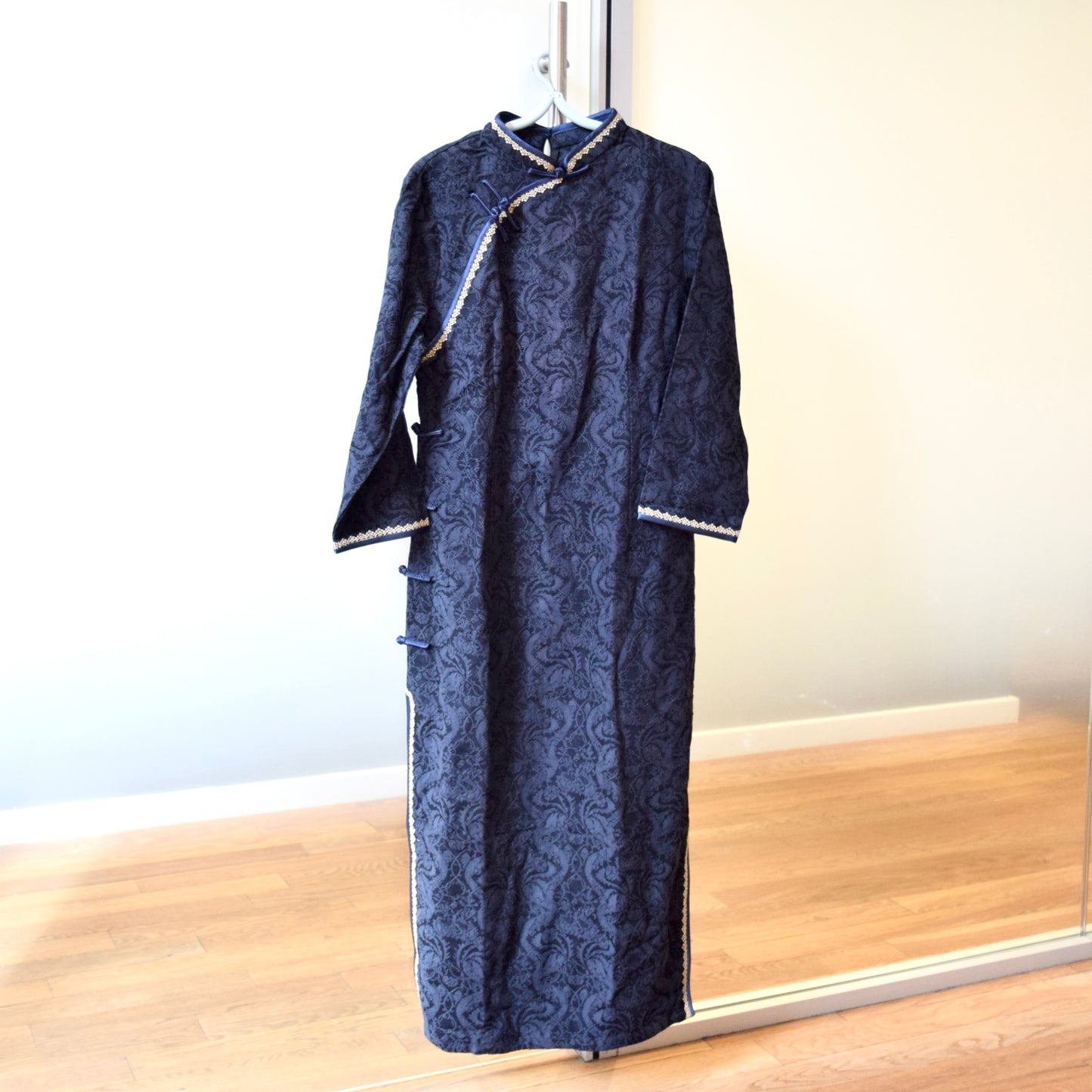 Navy Blue Flora Lace Qipao Midi Dress - Chinese Cheongsam