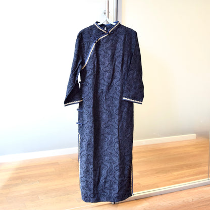 Navy Blue Flora Lace Qipao Midi Dress - Chinese Cheongsam