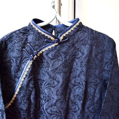 Navy Blue Flora Lace Qipao Midi Dress - Chinese Cheongsam