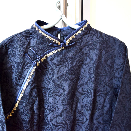 Navy Blue Flora Lace Qipao Midi Dress - Chinese Cheongsam