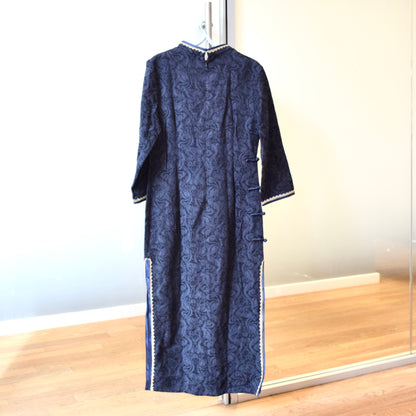 Navy Blue Flora Lace Qipao Midi Dress - Chinese Cheongsam