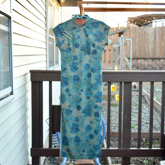 Blue Green Flower Printed Qipao Long Dress - Chinese Traditional Cheongsam