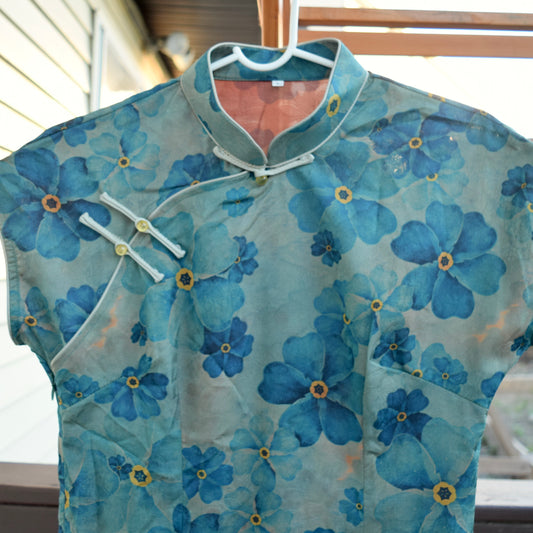 Blue Green Flower Printed Qipao Long Dress - Chinese Traditional Cheongsam