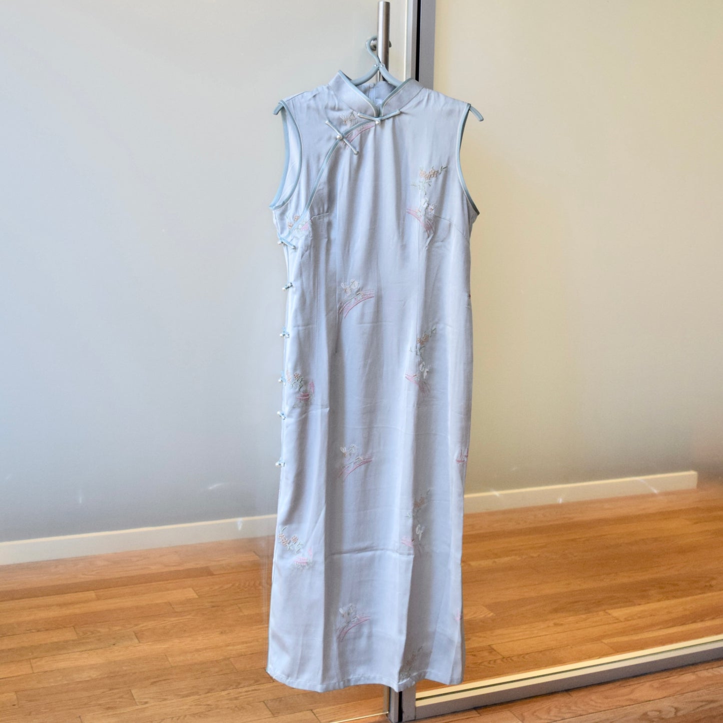 Blue Flora Rabbit Embroidered Qipao Sleeveless Dress - Chinese Cheongsam