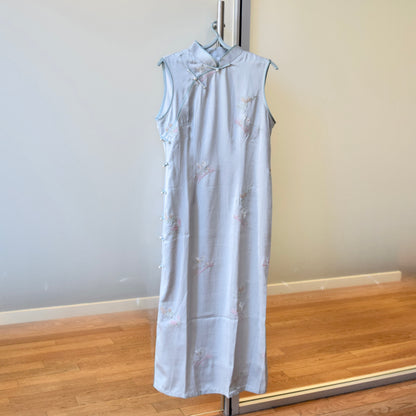 Blue Flora Rabbit Embroidered Qipao Sleeveless Dress - Chinese Cheongsam