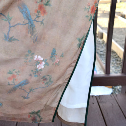 Brown Mesh Flower Bird Qipao Long Dress - Chinese Traditional Cheongsam