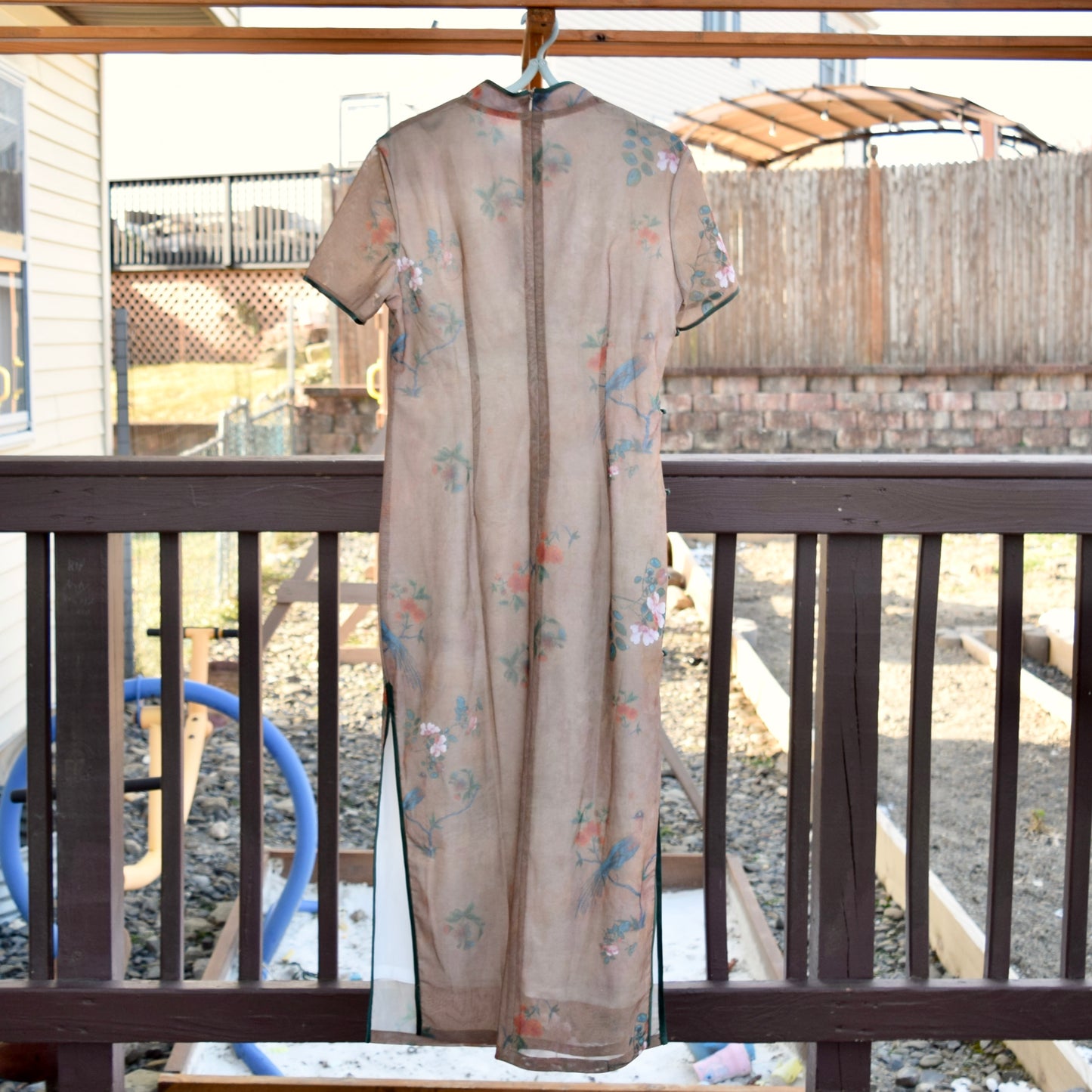 Brown Mesh Flower Bird Qipao Long Dress - Chinese Traditional Cheongsam