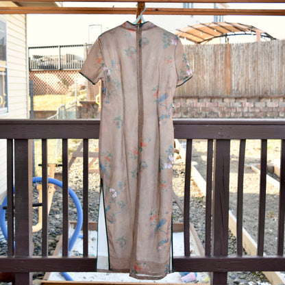 Brown Mesh Flower Bird Qipao Long Dress - Chinese Traditional Cheongsam