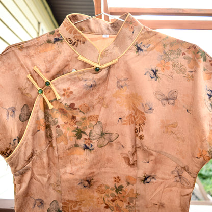 Brown Butterfly Printed Qipao Long Dress - Chinese Traditional Cheongsam