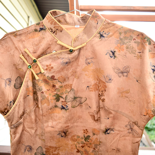 Brown Butterfly Printed Qipao Long Dress - Chinese Traditional Cheongsam