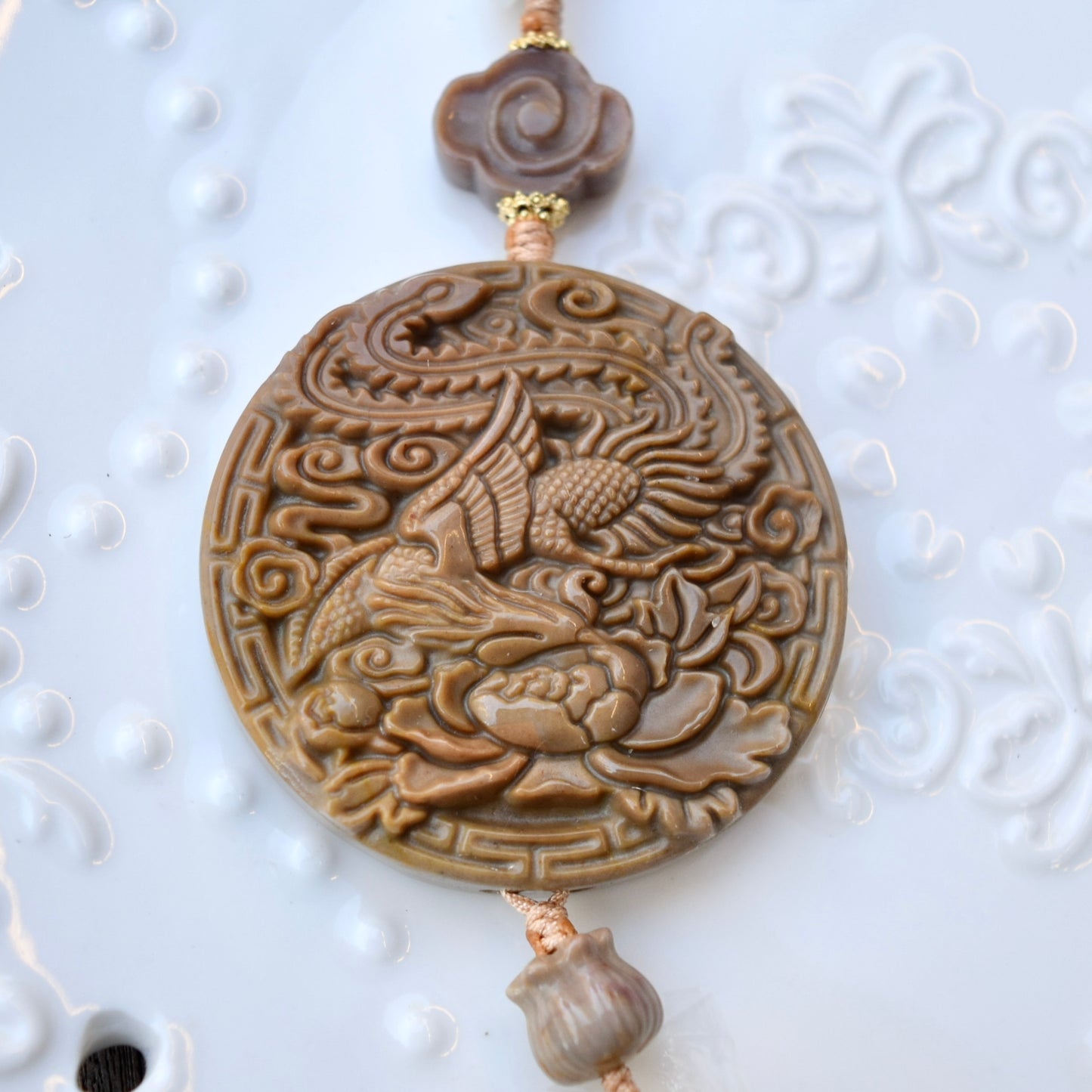 Phoenix Peony Ornament - Bag Charm Keychain Tassel - Polychrome Jasper