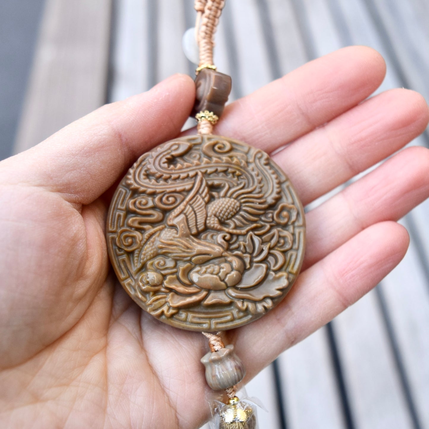 Phoenix Peony Ornament - Bag Charm Keychain Tassel - Polychrome Jasper