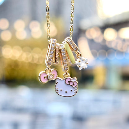 Pink Kitty Cat Charm Golden Necklace - Oil Dripping Sweet Style