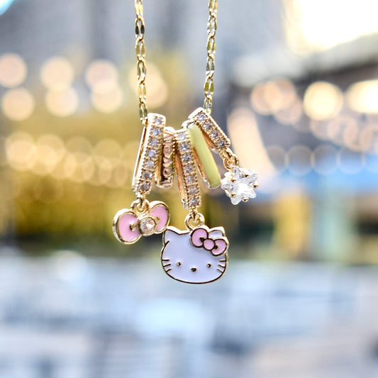 Pink Kitty Cat Charm Golden Necklace - Oil Dripping Sweet Style